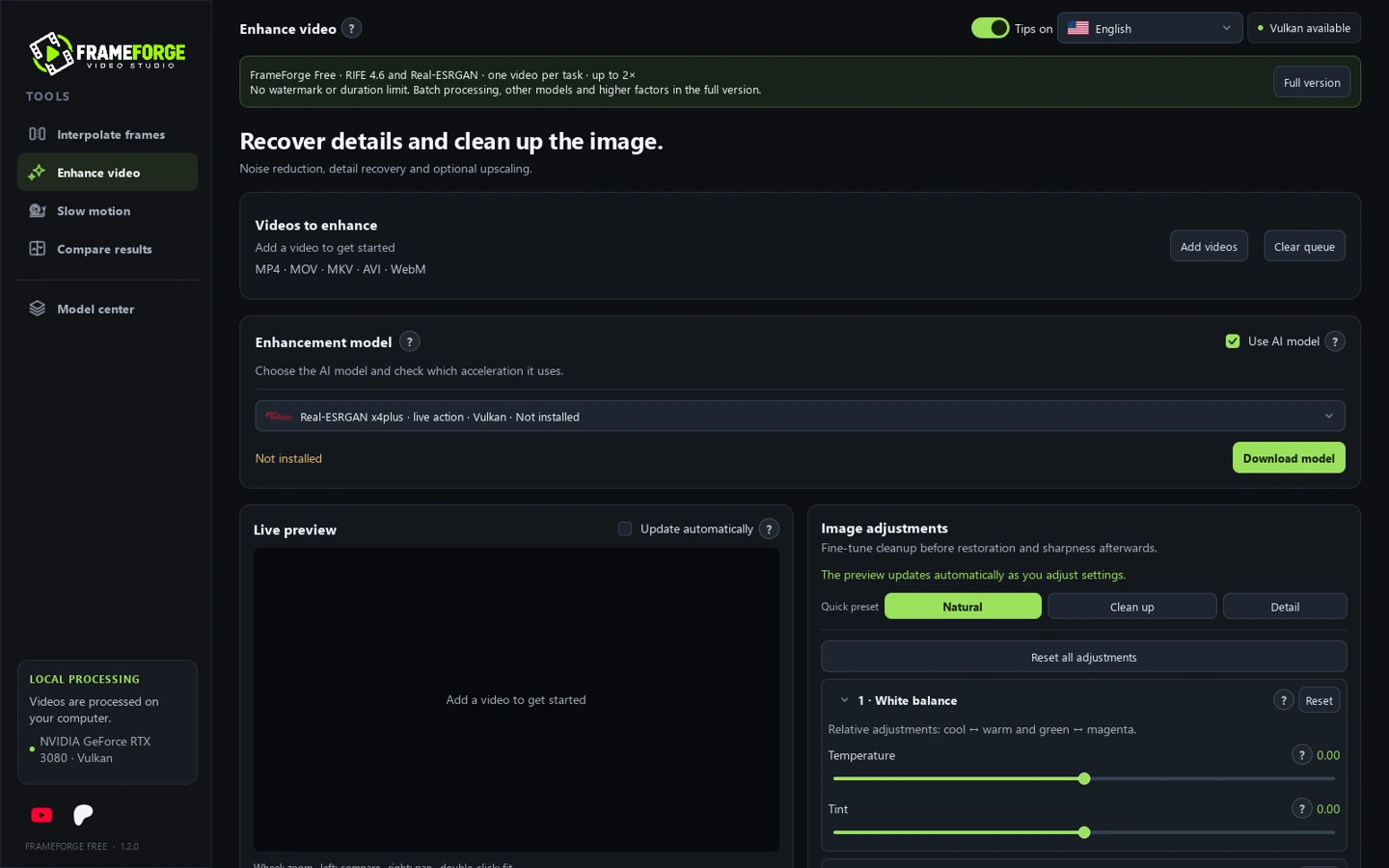 FrameForge enhancement workspace showing the live preview and image adjustment controls